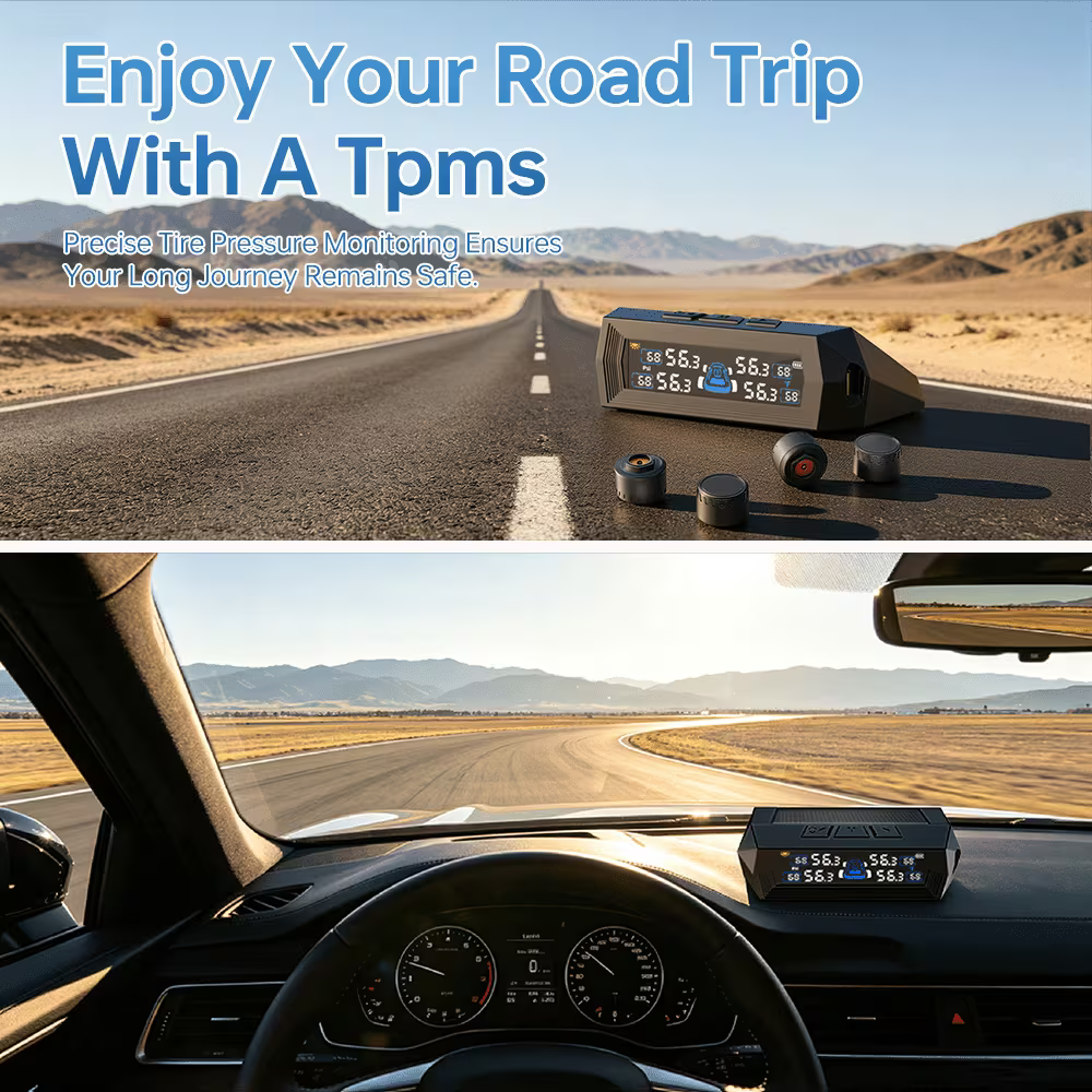 Carvello Solar TPMS Tire Pressure Monitoring System – 4 Sensors, Real-Time Pressure & Temperature Alerts, Solar & USB Charging