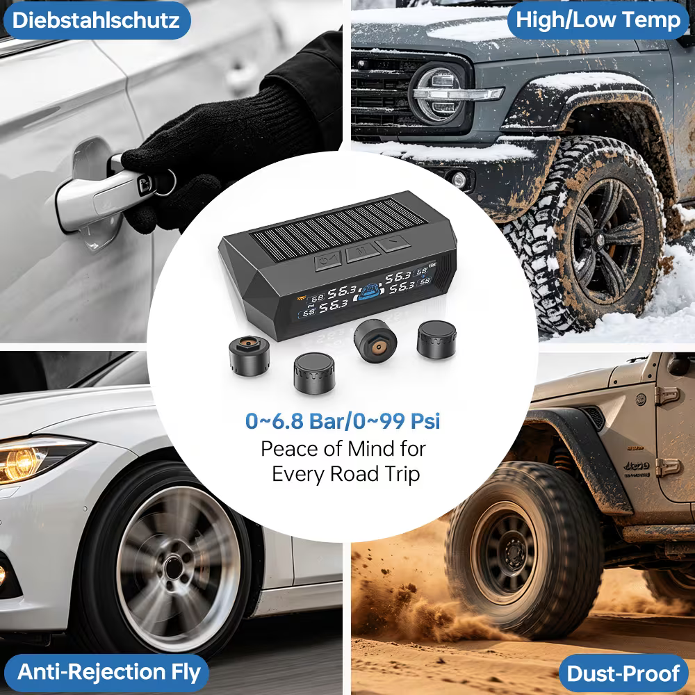 Carvello Solar TPMS Tire Pressure Monitoring System – 4 Sensors, Real-Time Pressure & Temperature Alerts, Solar & USB Charging