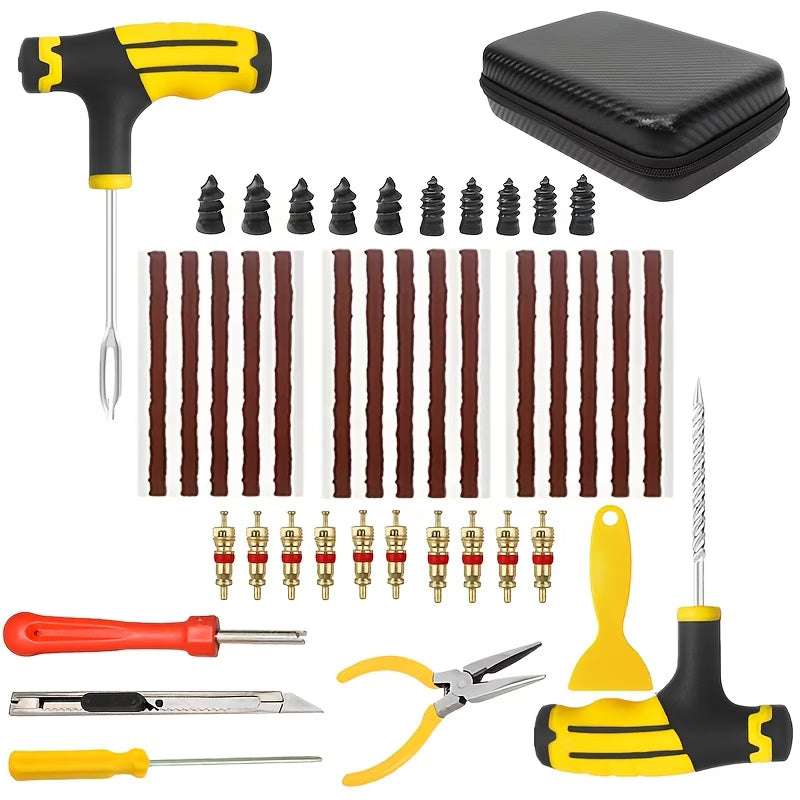 Carvello Tire Repair Kit – Tubeless Tire Puncture Plug Tool Set with Inflation Nozzle for Emergency Repairs