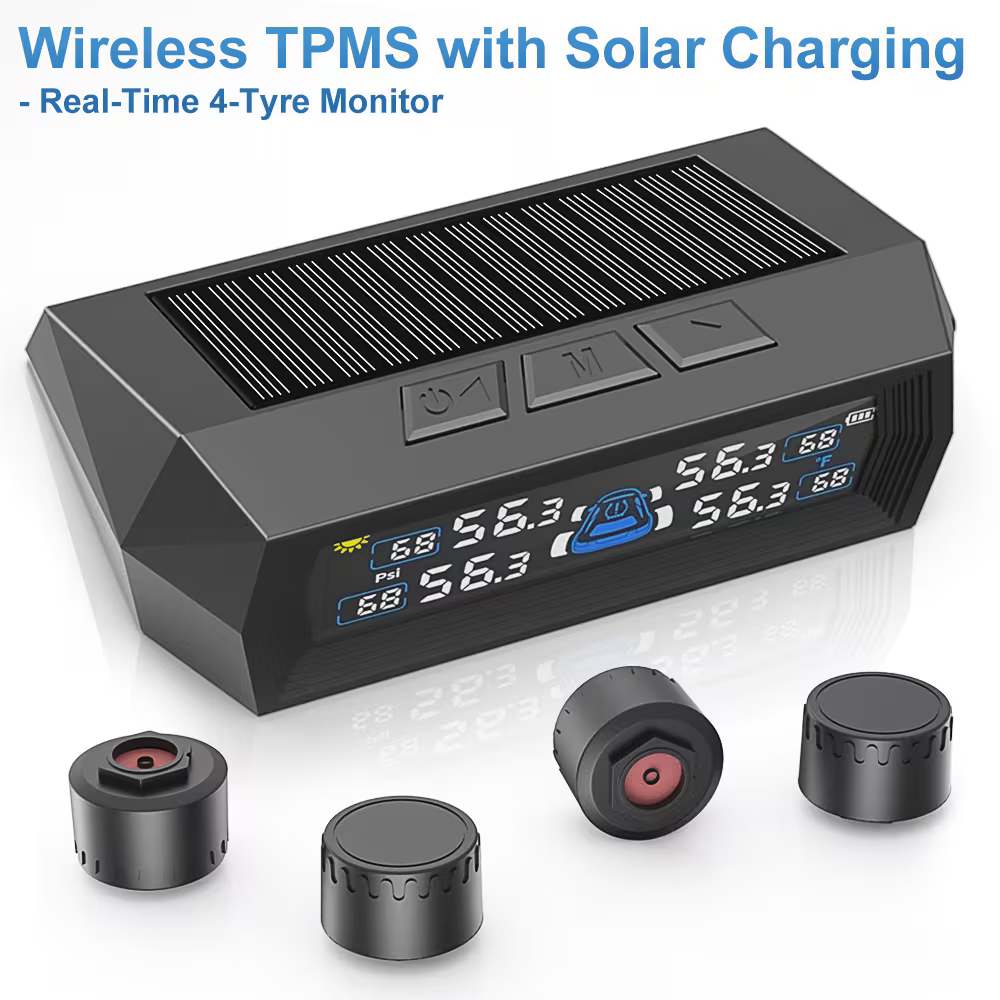 Carvello Solar TPMS Tire Pressure Monitoring System – 4 Sensors, Real-Time Pressure & Temperature Alerts, Solar & USB Charging